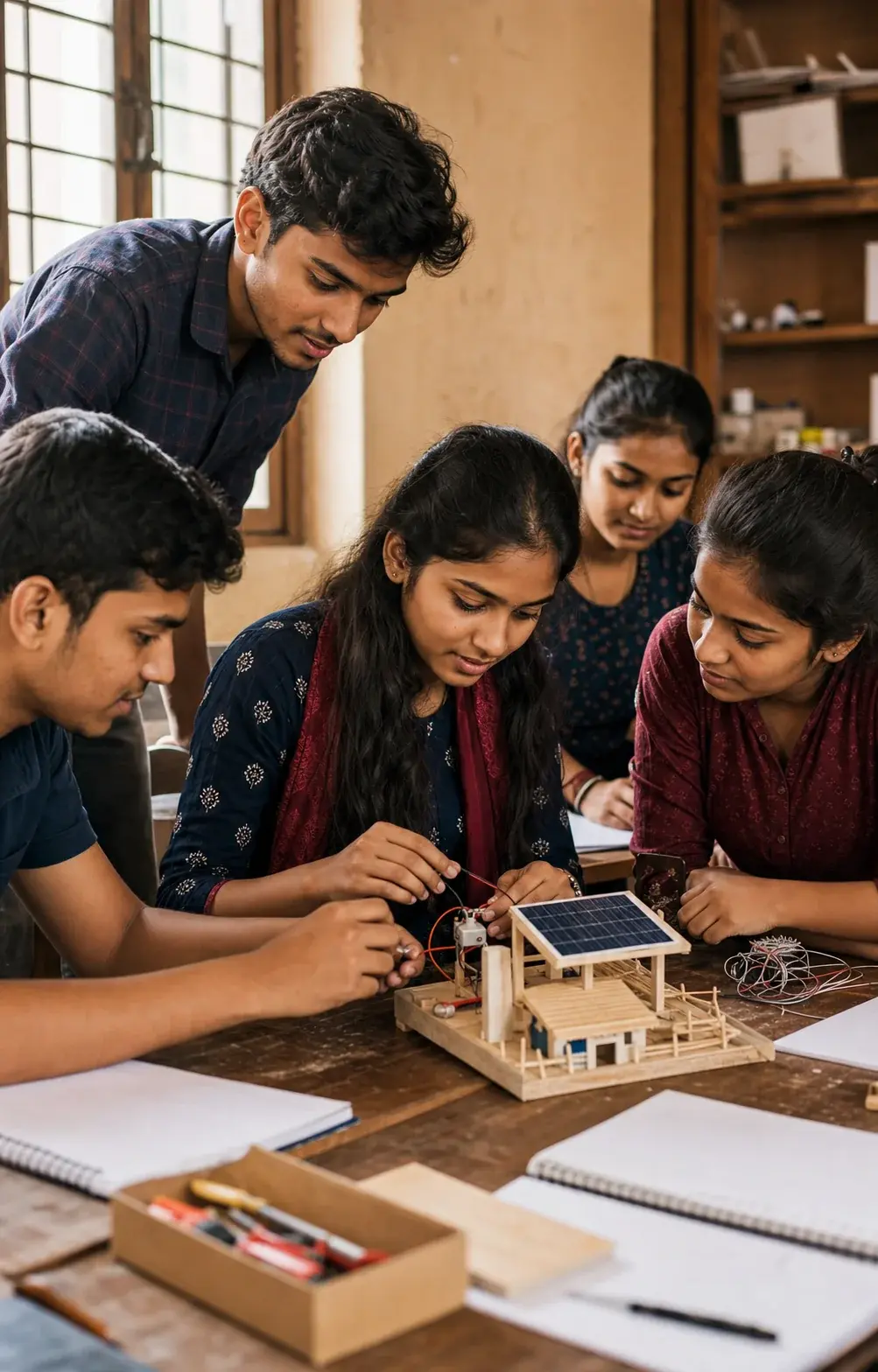 Students working together on a solar-powered model